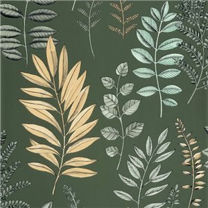 Casadeco|Papier peint style oriental avec feuilles vertes en éventail|Floral