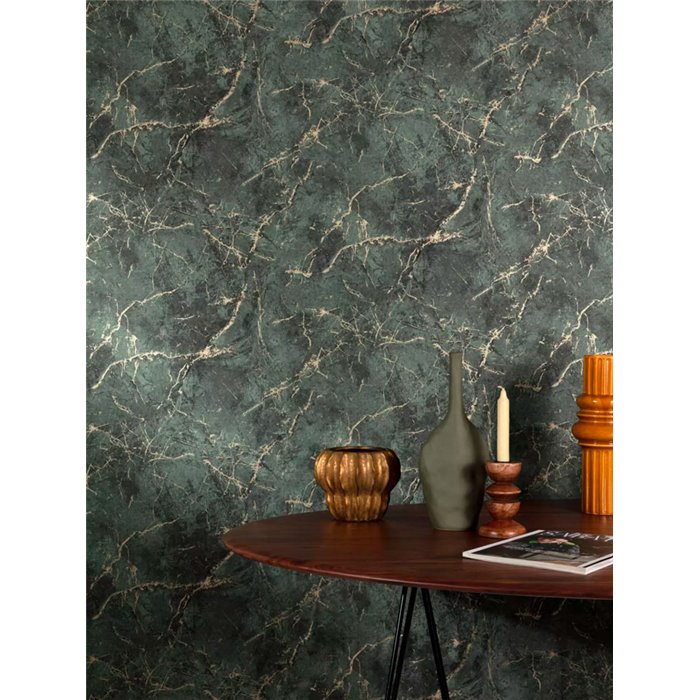 Grandeco|Papier peint marbre vert veines dorées|Imitation Marbre