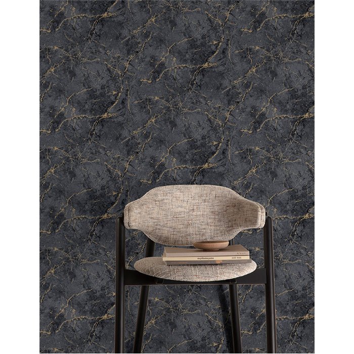 Grandeco|Papier peint marbre foncé veines dorées|Imitation Marbre