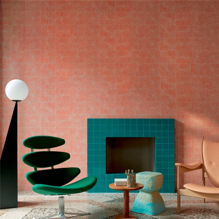 Elitis|Coral-colored marquetry wallpaper, Art Deco inspiration|High-End