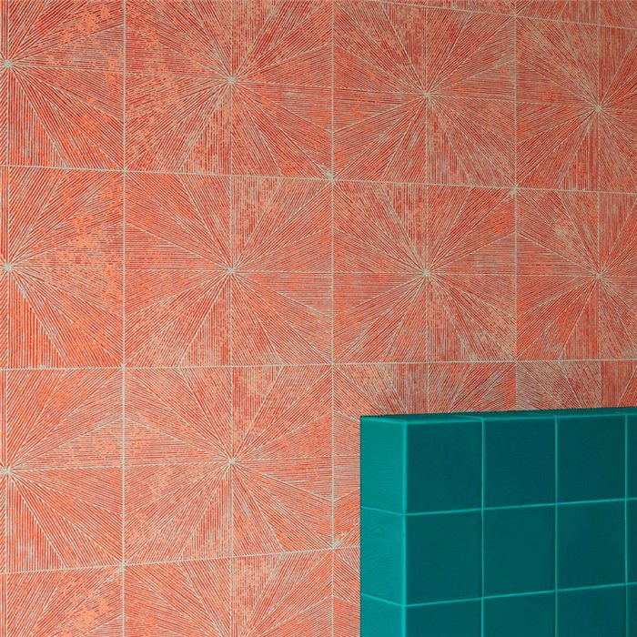 Elitis|Coral-colored marquetry wallpaper, Art Deco inspiration|High-End