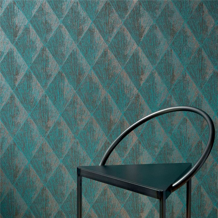 Elitis|Papier peint art déco moderne vert turquoise et argenté|Haut Gamme