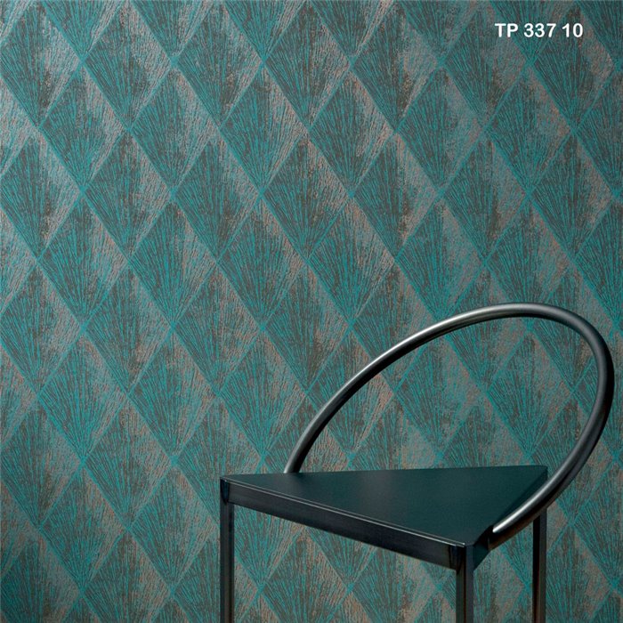 Elitis|Art Deco wallpaper with light blue and iridescent gold diamonds|High-End
