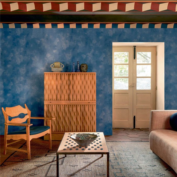 Elitis|Papier peint stuc bleu chaulé haut de gamme|Imitation Stuc