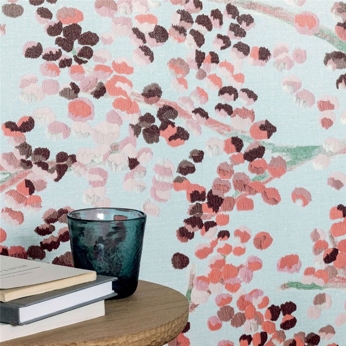 Elitis|Floral wallpaper in reds and pinks on light blue background|High-End