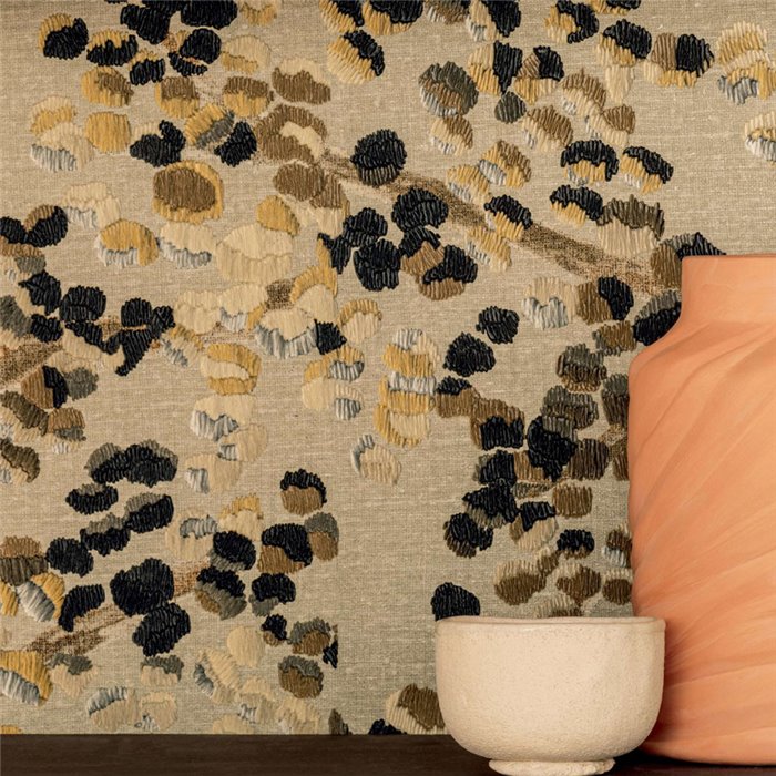 Papel pintado alta gama de flores marrón y amarillo con fondo beige - Élitis Lins brodés VP95506