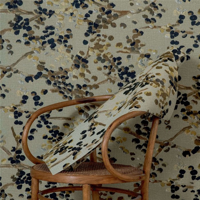 Papel pintado alta gama de flores marrón y amarillo con fondo beige - Élitis Lins brodés VP95506