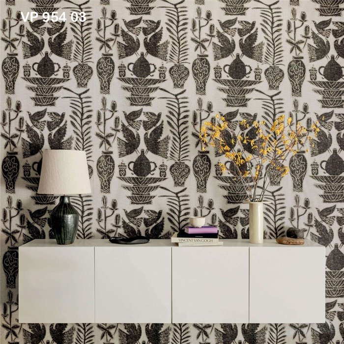 Elitis|Papier peint haut de gamme effet lin avec oiseaux et vases|Haut Gamme