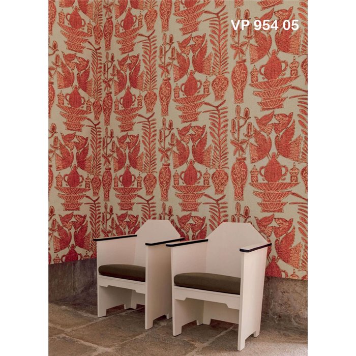 Elitis|Papier peint haut de gamme effet lin avec oiseaux et vases|Haut Gamme