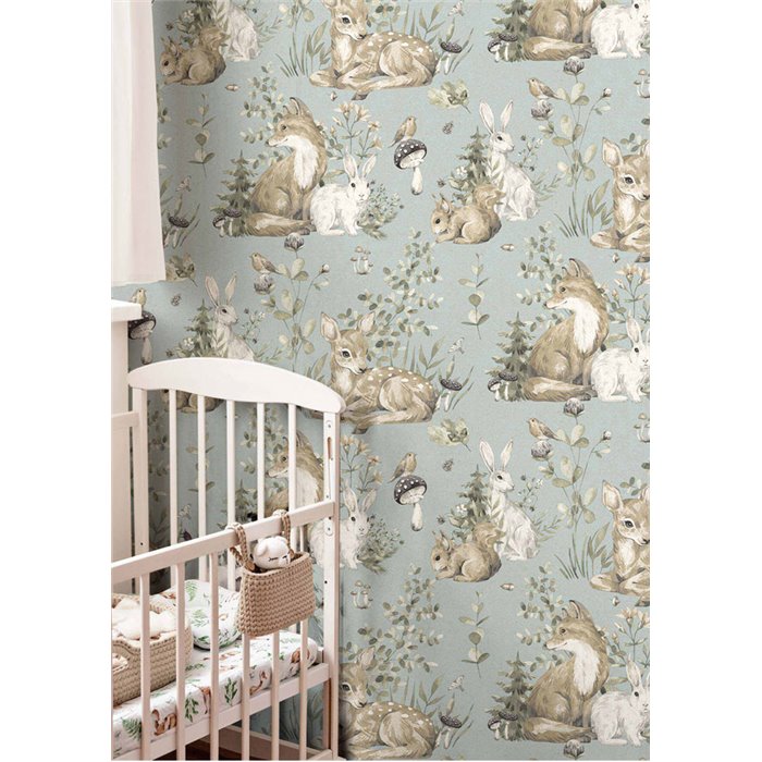 Cristiana Masi|Wallpaper children's forest animals teal|Children's
