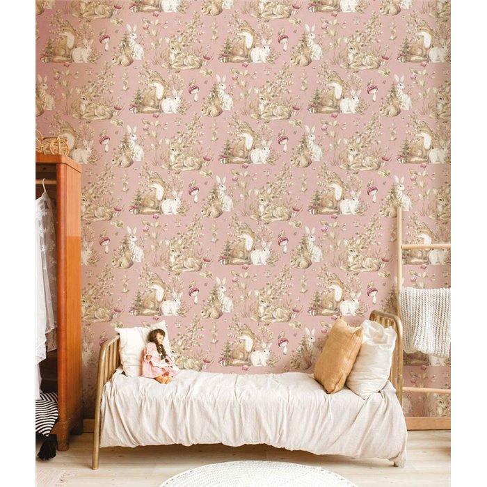 Cristiana Masi|Papel pintado infantil animales del bosque rosa antiguo|Infantil