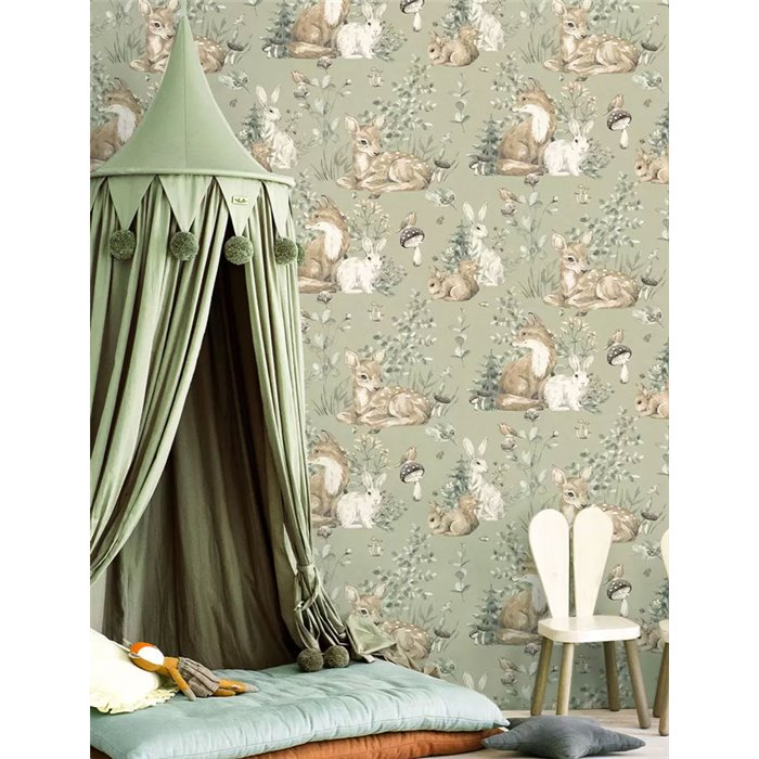 Cristiana Masi|Papier Peint pour enfants avec des animaux de la forêt vert olive|Enfants