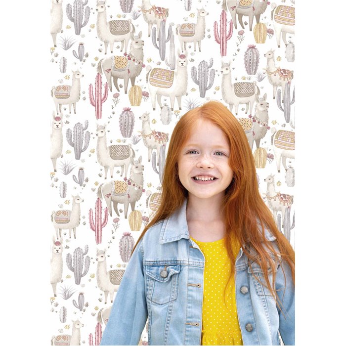 Cristiana Masi|Wallpaper children's design with warm white cactus llamas|Children's