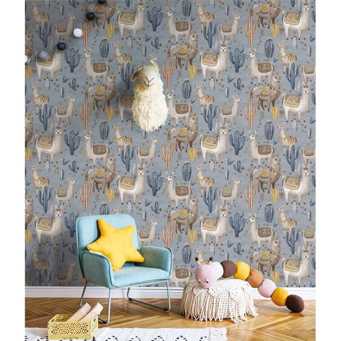 Cristiana Masi|Denim blue children's wallpaper with llamas and cacti|Children's