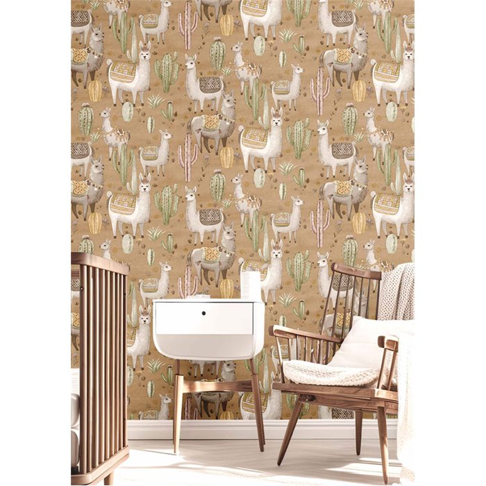 Cristiana Masi|Tapete Kinder Lamas Kaktus Erdbraun|Kindertapete