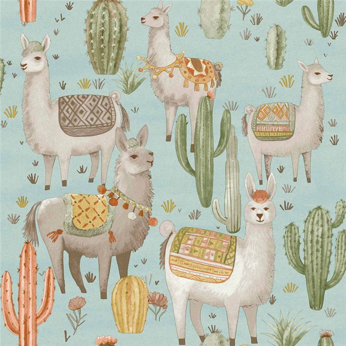 Cristiana Masi|Papel pintado infantil llamas cactus Verde agua|Infantil