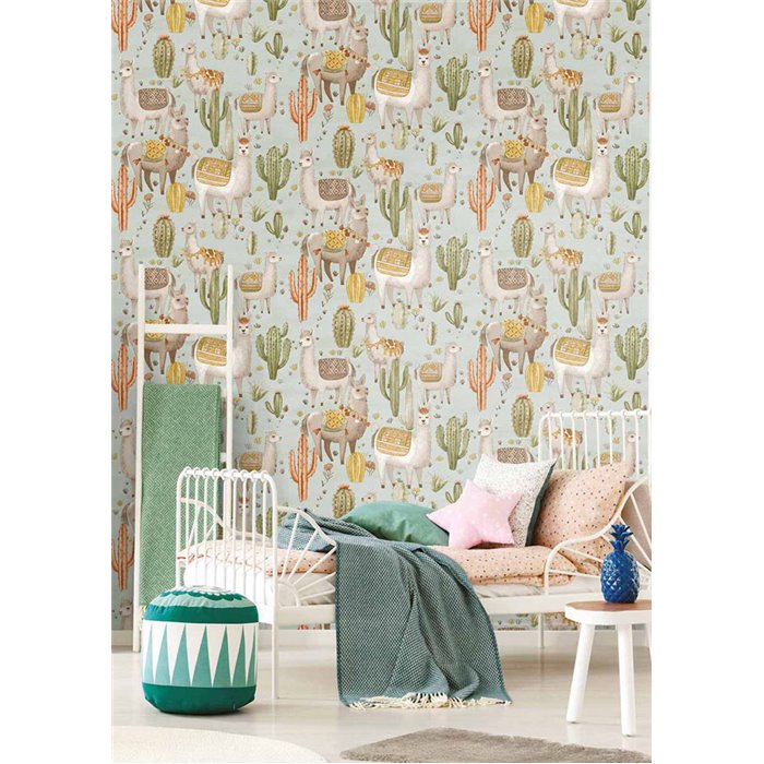 Cristiana Masi|Aqua green children's wallpaper with llamas and cacti|Children's