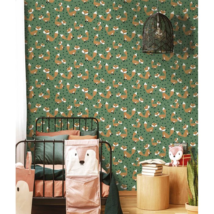 Cristiana Masi|Children's wallpaper with foxes, forest green background|Children's