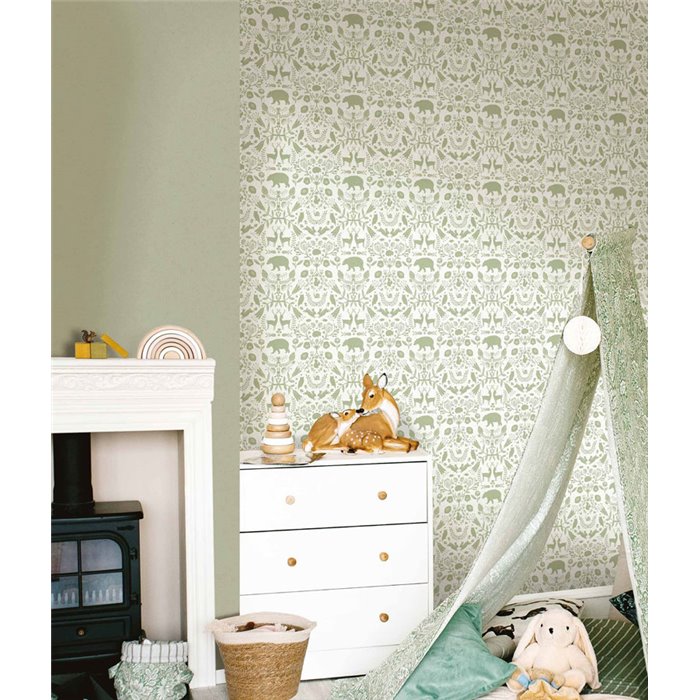 Cristiana Masi|Papier Peint pour enfants avec des petits animaux scandinaves en vert sauge|Enfants