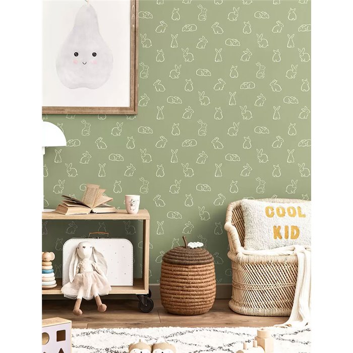 Cristiana Masi|Papier Peint enfant avec des petits lapins dessinés en vert sauge|Enfants