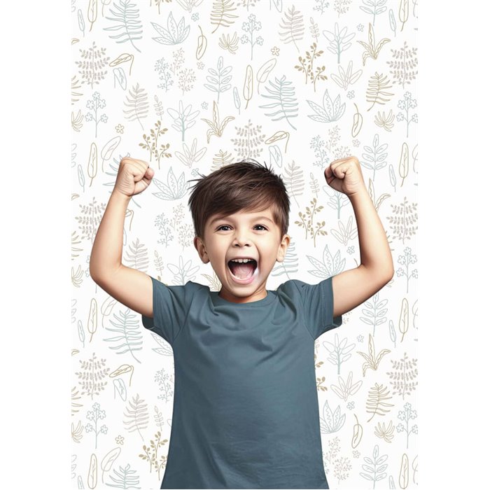 Cristiana Masi|Papier Peint pour enfants avec des feuilles dessinées en bleu et beige|Enfants