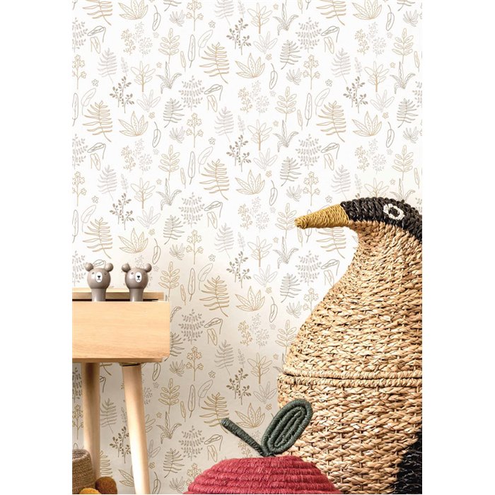 Cristiana Masi|Papier Peint enfant avec des feuilles dessinées en taupe et moutarde|Enfants