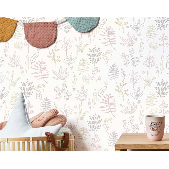 Cristiana Masi|Papier Peint pour enfants avec des feuilles dessinées en rose et gris|Enfants