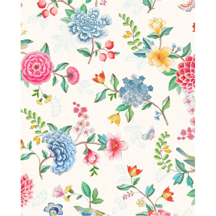 Pip Studio|Papel pintado floral blanco muy alegre con flores multicolor|Papel Pintado