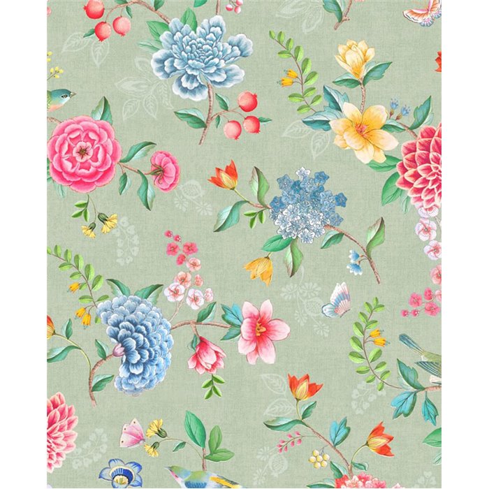 Pip Studio|Romantische Blumentapete mit bunten Blumen und pastellgrünem Hintergrund|Tapeten