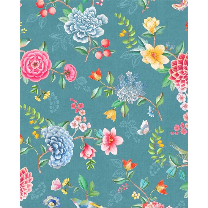 Pip Studio|Papier peint floral aux couleurs vives sur fond turquoise|Papier Peint