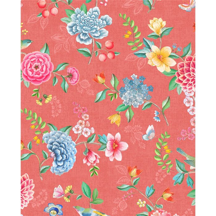 Pip Studio|Romantische rote Blumentapete mit Vögelchen|Rustikal