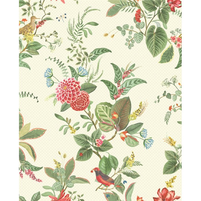 Pip Studio|Papel pintado romántico blanco con pájaros y flores|Papel Pintado