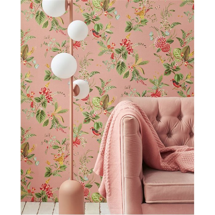 Pip Studio|Papel pintado romántico rosa, flores verdes y pájaros multicolor|Rústico