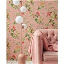 Pip Studio|Papel pintado romántico rosa, flores verdes y pájaros multicolor|Rústico