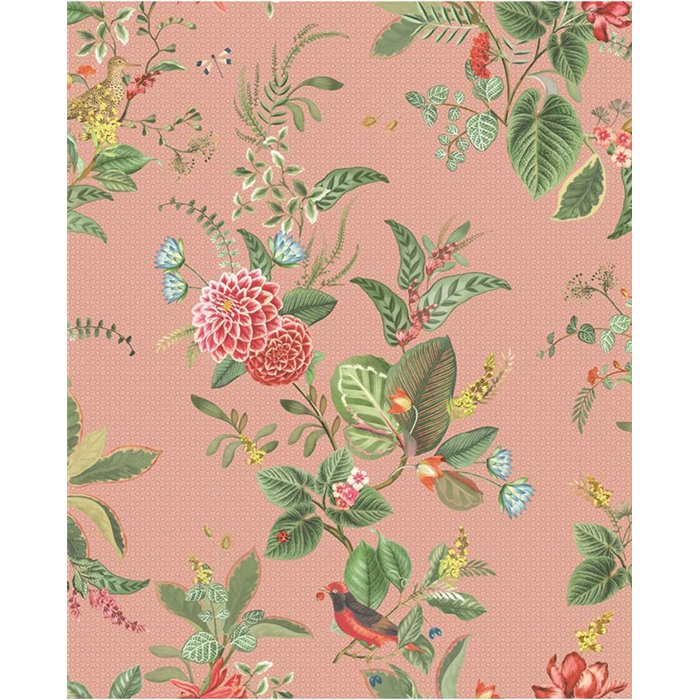 Pip Studio|Papel pintado romántico rosa, flores verdes y pájaros multicolor|Rústico