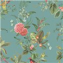 Pip Studio|Papel pintado floral turquesa con pájaros, estilo romántico|Rústico