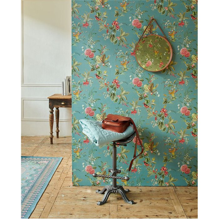 Pip Studio|Romantic turquoise floral wallpaper with birds|Rustic