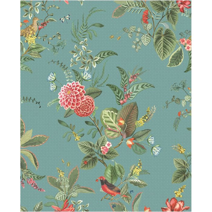 Pip Studio|Romantic turquoise floral wallpaper with birds|Rustic