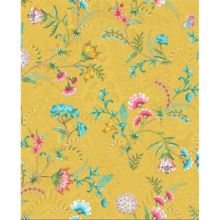 Pip Studio|Romantic yellow wallpaper with multicolor flowers|Wallpaper