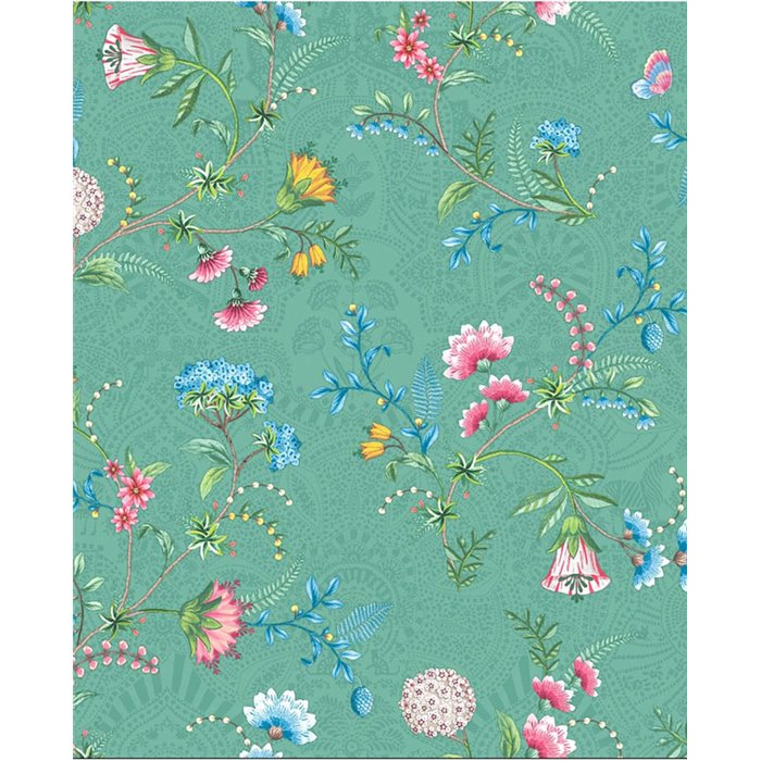 Pip Studio|Papier peint vert avec fleurs multicolores romantiques|Papier Peint