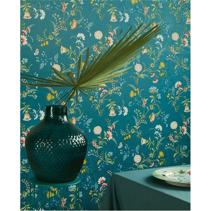Pip Studio|Papier peint bleu avec fleurs multicolores romantiques|Papier Peint