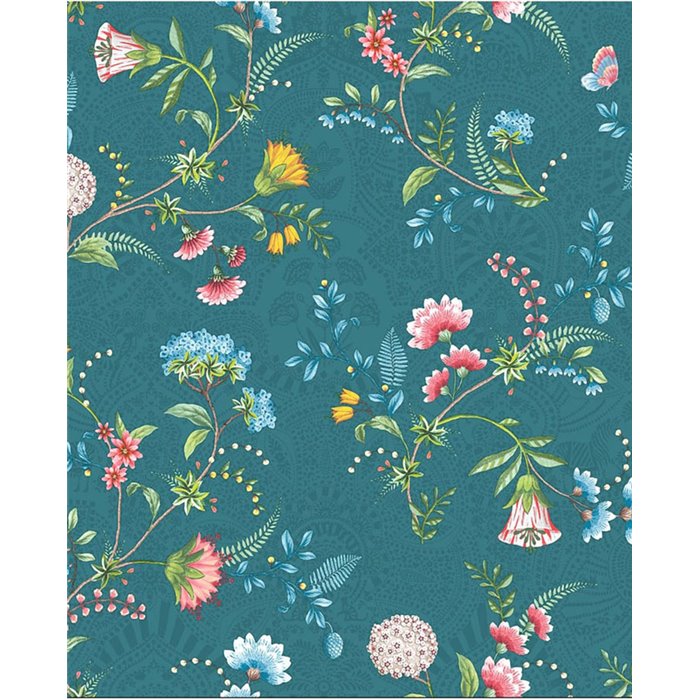 Pip Studio|Papier peint bleu avec fleurs multicolores romantiques|Papier Peint