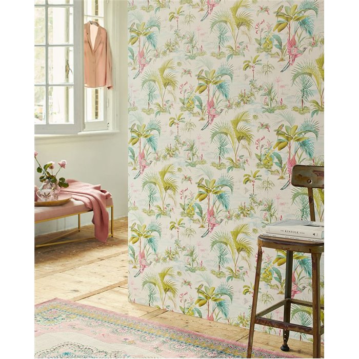 Pip Studio|White wallpaper with exotic plants and birds|Tropical