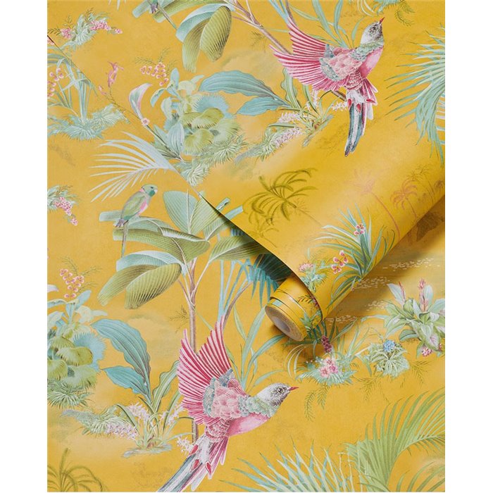 Pip Studio|Papier peint jaune avec motifs floraux romantiques et oiseaux exotiques|Romantique