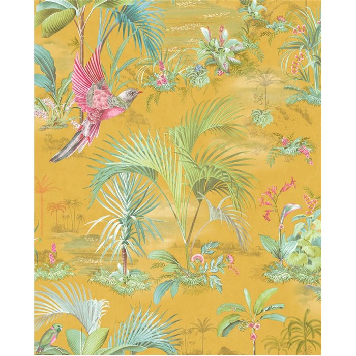 Pip Studio|Papier peint jaune avec motifs floraux romantiques et oiseaux exotiques|Romantique