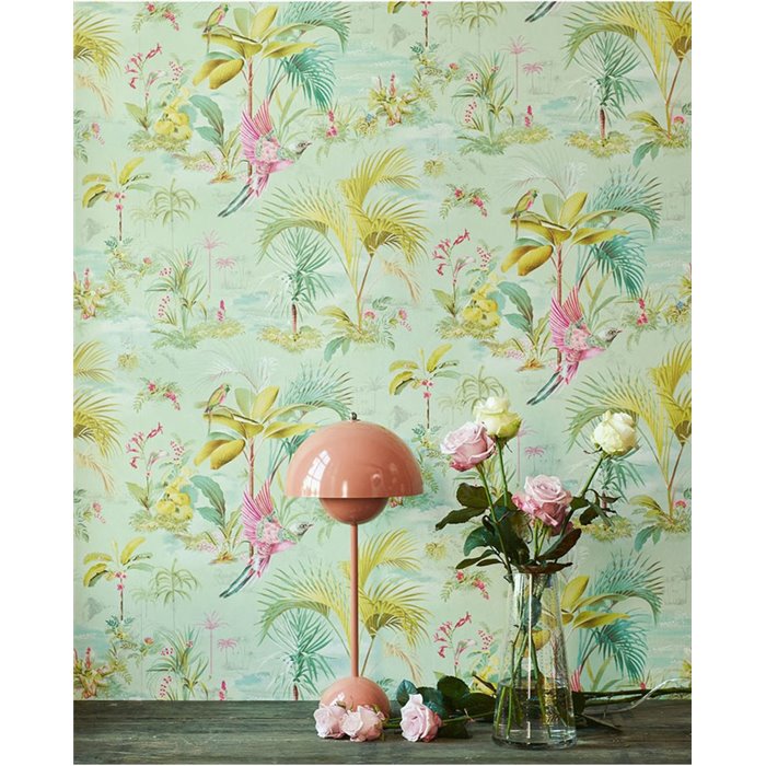 Pip Studio|Romantic pastel green wallpaper with birds and flowers|Tropical