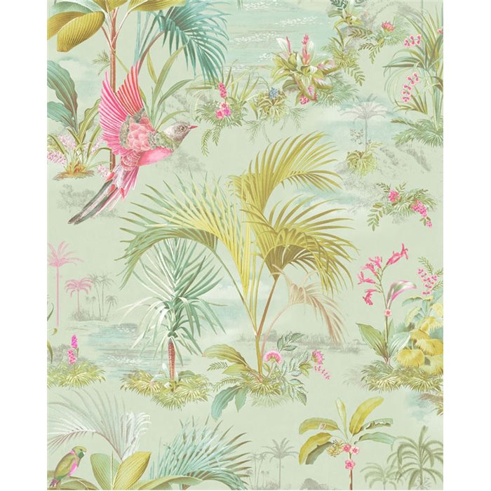 Pip Studio|Papier peint vert pastel avec oiseaux et fleurs romantiques|Tropical