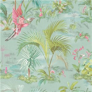 Pip Studio|Romantic pastel green wallpaper with birds and flowers|Tropical