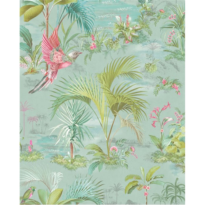 Pip Studio|Papier peint multicolore avec oiseaux, plantes et motifs floraux romantiques|Tropical