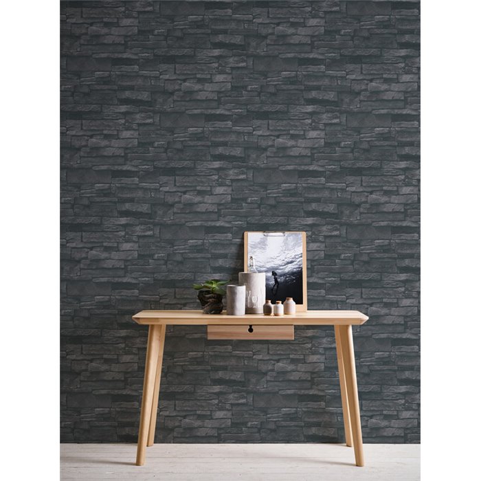 As Creation|Papier Peint mur en pierre naturelle en lames couleur noire|Imitation Pierre